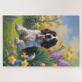 イングリッシュセッター 犬 春の花 絵画 ジグソーパズル (横)