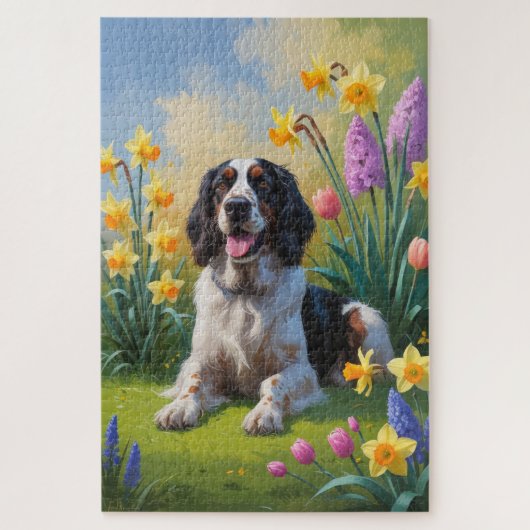 イングリッシュセッター 犬 春の花 絵画 ジグソーパズル (縦)