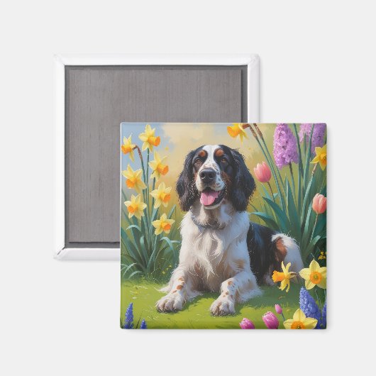 イングリッシュセッター 犬 春の花 絵画 マグネット (正面/裏面)
