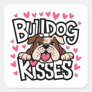 イングリッシュブルドッグの子犬 ピンクのハート キス 愛 スクエアシール