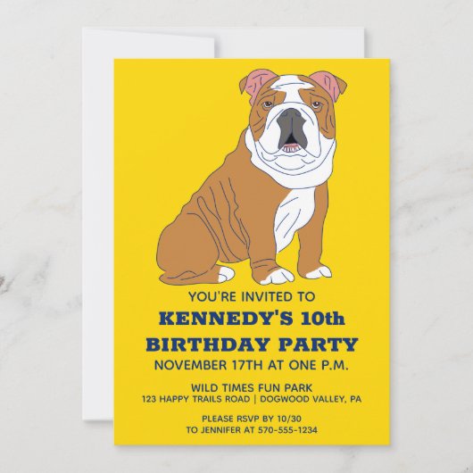 イングリッシュブルドッグイラストレーションカスタムバースデーパーティー 招待状 (正面)