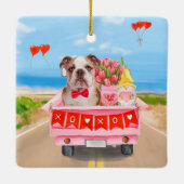 イングリッシュブルドッグバレンタインデートラックハート セラミックオーナメント (裏面)