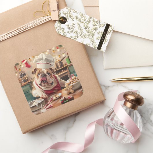 イングリッシュブルドッグホリデーベーキング:フェスティバルクリスマス スクエアシール (ギフト)