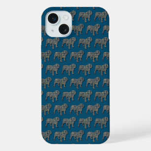 イングリッシュブルドッグ かわいい犬 シルエット グリッド ブルー iPhone 15 PLUSケース