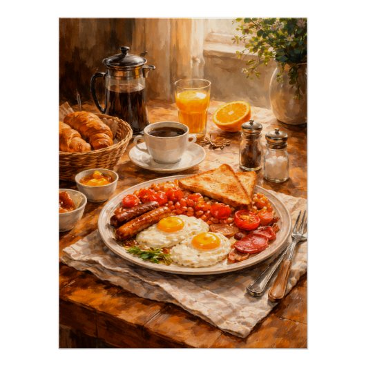 イングリッシュブレックファーストの朝、居心地の良い食卓の静物画 ポスター (正面)