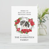 イングリッシュポインタ水色ポインセチアのクリスマス シーズンカード (スタンド正面)