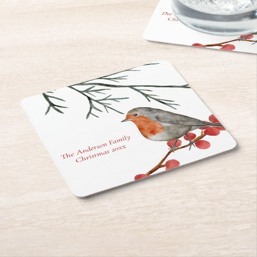 イングリッシュレッドブレストロビンバードホリデークリスマス スクエアペーパーコースター (アングル)