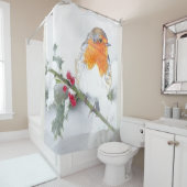 イングリッシュロビンウィンターホリーベリークリスマスアート シャワーカーテン (インサイチュ)