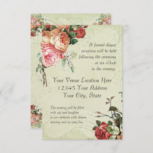 イングリッシュローズブーケ、ヴィンテージモダンnスワールリーフ 招待状 (正面/裏面)