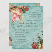 イングリッシュローズブーケ、ヴィンテージモダンnスワールリーフ 招待状 (正面/裏面)