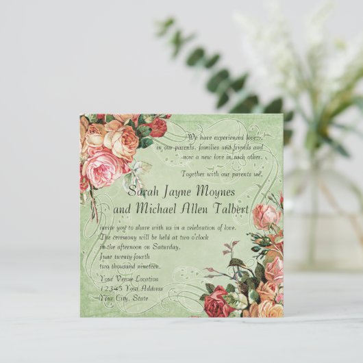 イングリッシュローズブーケ、ヴィンテージモダンnスワールリーフ 招待状 (スタンド正面)