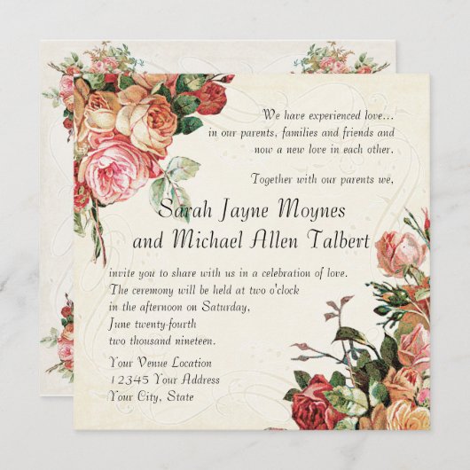 イングリッシュローズブーケ、ヴィンテージモダンnスワールリーフ 招待状 (正面/裏面)