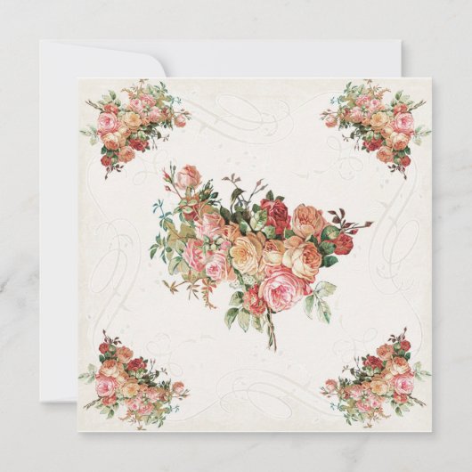 イングリッシュローズブーケ、ヴィンテージモダンnスワールリーフ 招待状 (裏面)