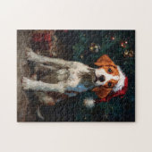 イングリッシュ・フォックスハウンドの子犬のクリスマスの絵 ジグソーパズル (横)