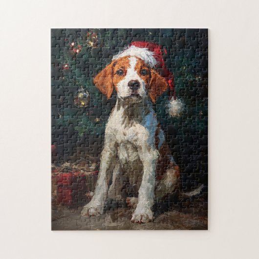 イングリッシュ・フォックスハウンドの子犬のクリスマスの絵 ジグソーパズル (縦)