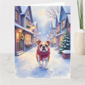 イングリッシュ・ブルドッグのスノー・クリスマス・ビレッジ・ホリデー カード (正面)
