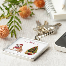 イングリッシュ・ブルドッグ クリスマスの木と遊ぶ キーホルダー