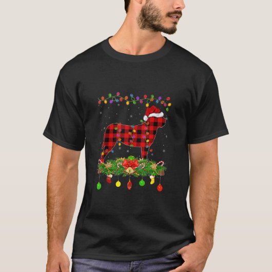 イングリッシュ・マスティフ犬のバファロー・チェック柄のクリスマス Tシャツ (正面)
