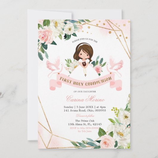 イングリッスペインのクピンク金ゴールドフローラガール《キリスト教》洗礼式や命名式 招待状 (裏面)