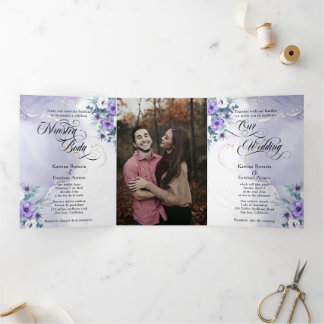 イングリッスペインのドフローズモラダスパープルフラワーズトリ –  三つ折り招待状