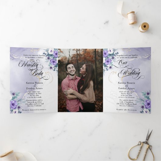 イングリッスペインのドフローズモラダスパープルフラワーズトリ – 三つ折り招待状 (内部)