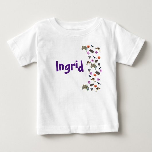 イングリッド、オーストラリアの野生動物をフィーチャーした名前ロゴ ベビーTシャツ (正面)
