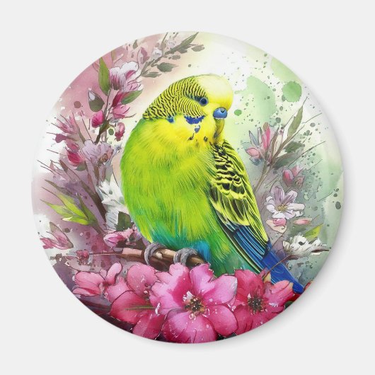 インコとピンクの花 マグネット (正面)