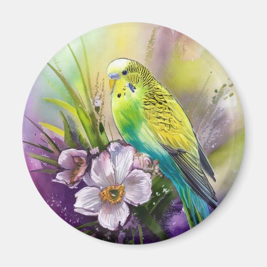 インコと白の花 マグネット (正面)