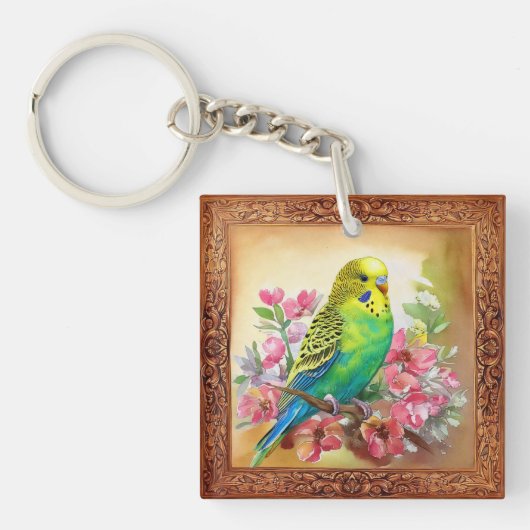 インコと花 キーホルダー (正面)