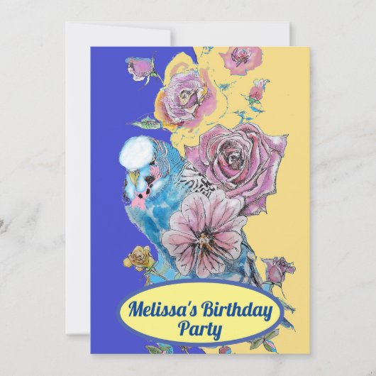 インコのブルーバードの誕生日の女の子の赤いバラの花 招待状 (正面)