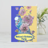 インコのブルーバードの誕生日の女の子の赤いバラの花 招待状 (スタンド正面)
