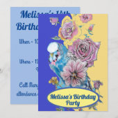 インコのブルーバードの誕生日の女の子の赤いバラの花 招待状 (正面/裏面)