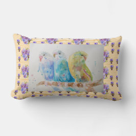 インコの水彩画 インコのクッション 黄色 花模様 ランバークッション