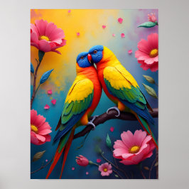 インコの美しい色彩と花々 ポスター