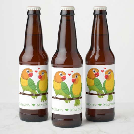 インコの黄色い緑の愛 鳥 結婚式 ビールラベル (ボトル)