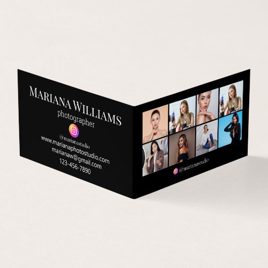 インスタグラム フォトグラファー 8枚の写真 コラージュ ブラック シック 名刺 (外部)