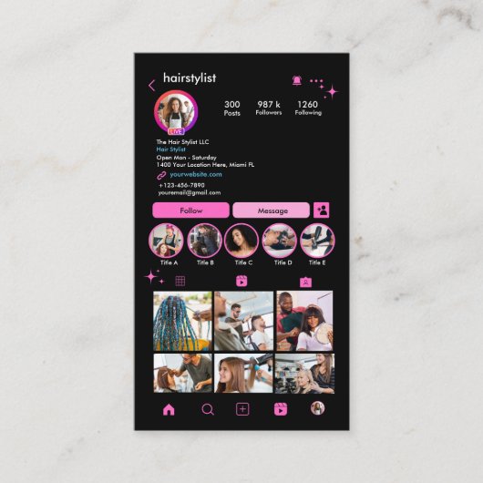 インスタグラム ヘアスタイリスト ピンクQRコード ソーシャルメディア 名刺 (正面)