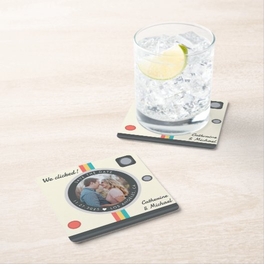インスタントカメラカップルユニークの写真の日付の保存 スクエアペーパーコースター (インサイチュ)