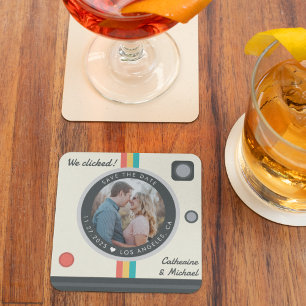インスタントカメラカップルユニークの写真の日付の保存 スクエアペーパーコースター