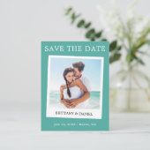 インスタントカメラスタイル写真Save The Dateティール（緑がかった色） ポストカード (スタンド正面)