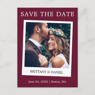 インスタントカメラスタイル写真Save The Date Burgundy ポストカード