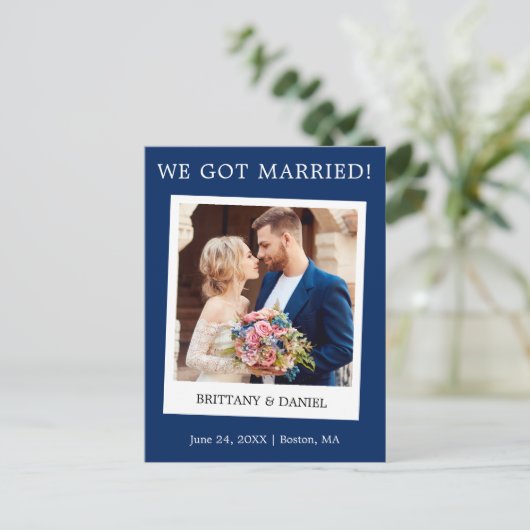 インスタントカメ結婚ラ写真の発表青 ポストカード (スタンド正面)