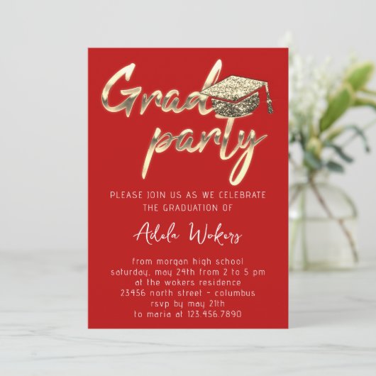 インスタントダウンロード卒業パーティー金ゴールドカップ赤 招待状 (スタンド正面)