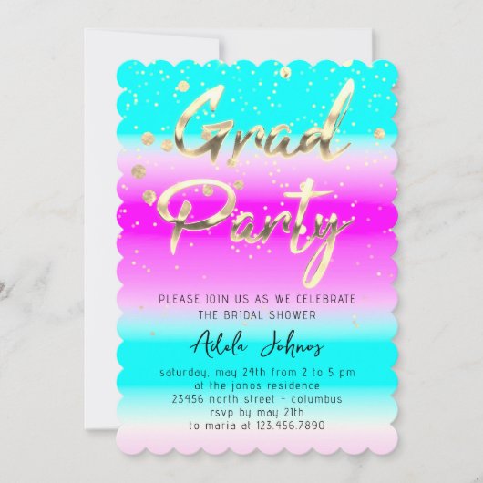 インスタントダウンロード大学院パーティー金ゴールドピンクブルー 招待状 (正面)