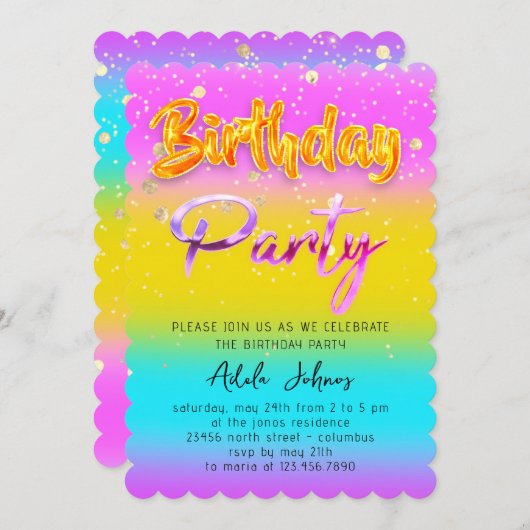 インスタントダウンロード誕生日パーティー金ゴールドピンク 招待状 (正面/裏面)