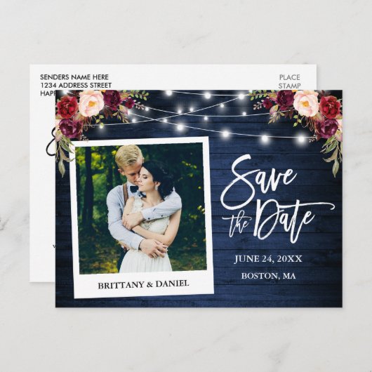 インスタントフォトブルー木材フローラ保存日 ポストカード (正面/裏面)