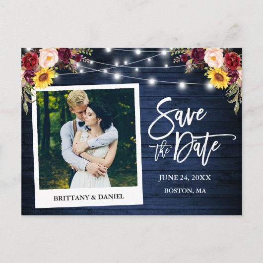 インスタントフォト フラワーブルーウッド Save The Date ポストカード (正面)