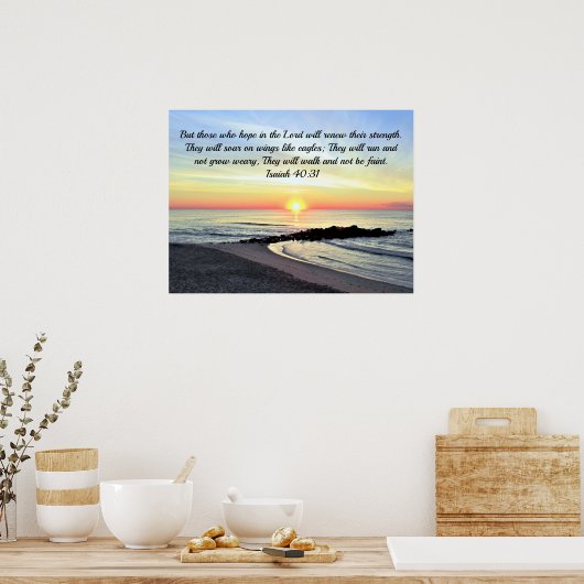 インスパイアのイザヤ40:31日の出の聖書の詩 ポスター (キッチン)