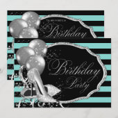 インスパイアード ブラック ティール ブルー 誕生日パーティー 招待状 (正面/裏面)