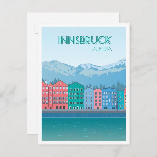 インスブルックオーストリアアートヴィンテージトラベルイラストレーション ポストカード (正面/裏面)